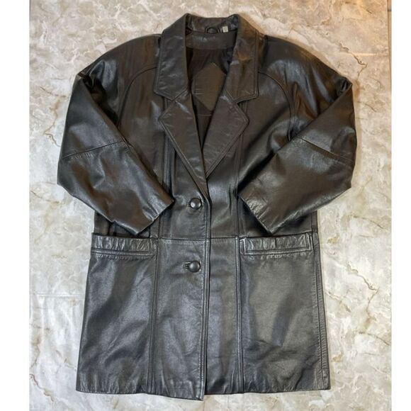 Vintage Leather Coat Jacket Black Knee Length Button Front Career - Picture 1 of 11